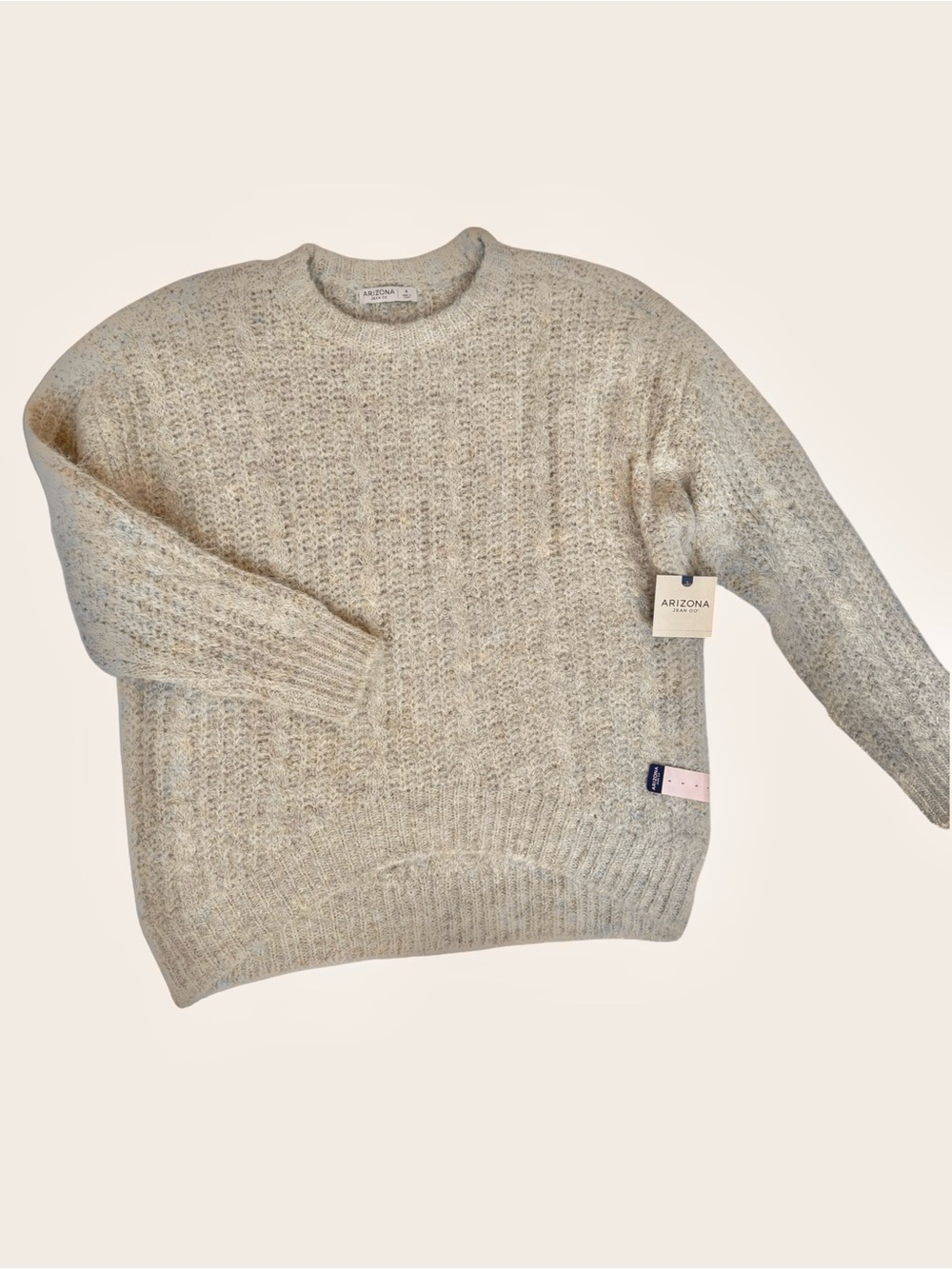 Arizona Jean Co. Fuzzy Knit Sweater Oatmeal Heather Small Curved Front Hem